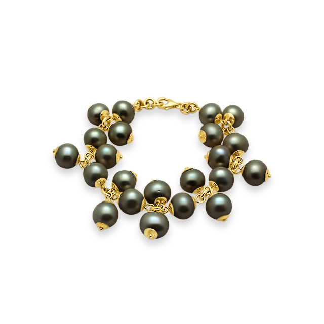 Pearl Bracelet Charm Bracelet Bubbles 80 Jet Glass and Pearl Coated Glass Charms Black and Gold Bracelet Gold Link Bracelet